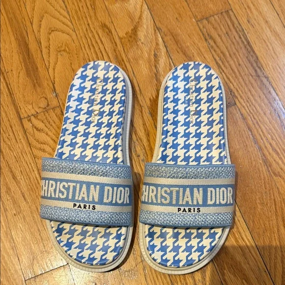 Christian Dior Women Blue Patterned Slide Sandals, worn once